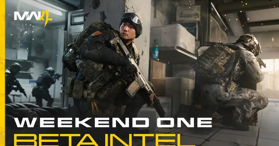 Modern Warfare 4 operators in combat gear moving through a damaged building, official beta weekend one art