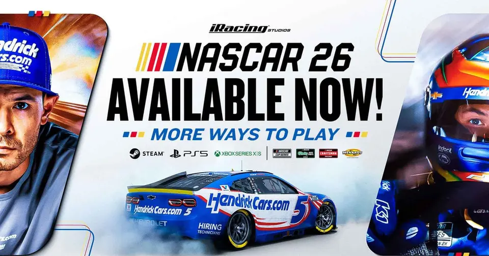 NASCAR 26 Available Now key art with Kyle Larson and his number 5 Hendrick Chevrolet doing a burnout
