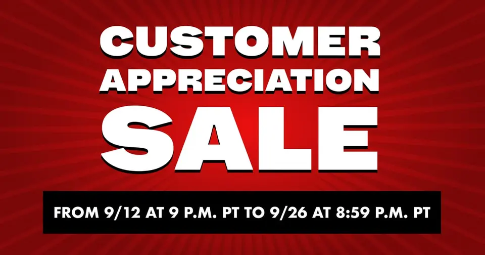Official Nintendo of America banner for the Customer Appreciation Sale, white text on a red background with the dates from 9/12 at 9 PM PT to 9/26 at 8:59 PM PT