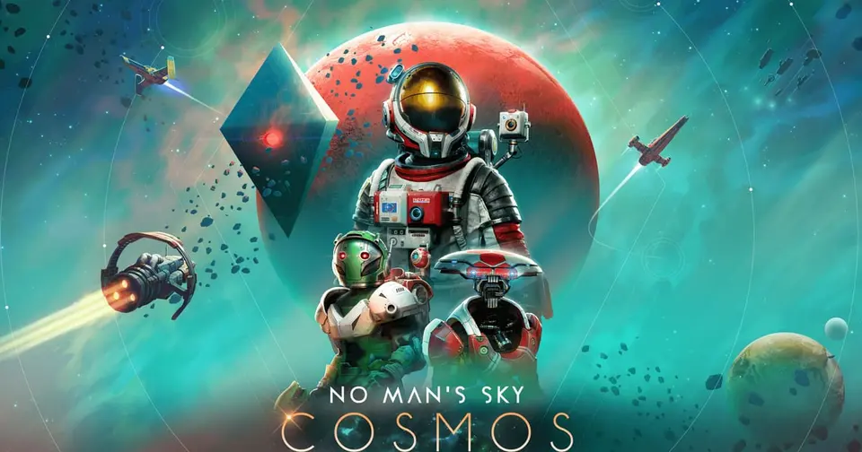 No Man's Sky Cosmos key art with a red suited Traveller and two companions floating in front of a red planet and a dark crystal, with starships and asteroids in a teal nebula