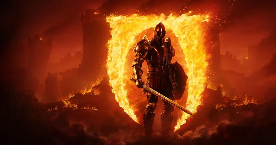 Official Oblivion Remastered key art showing an armored knight standing in front of a flaming Oblivion gate