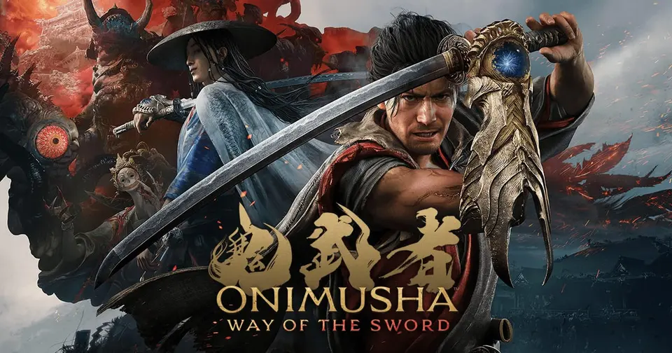 Onimusha: Way of the Sword key art showing Miyamoto Musashi raising his sword with the Oni Gauntlet, Genma demons looming behind him