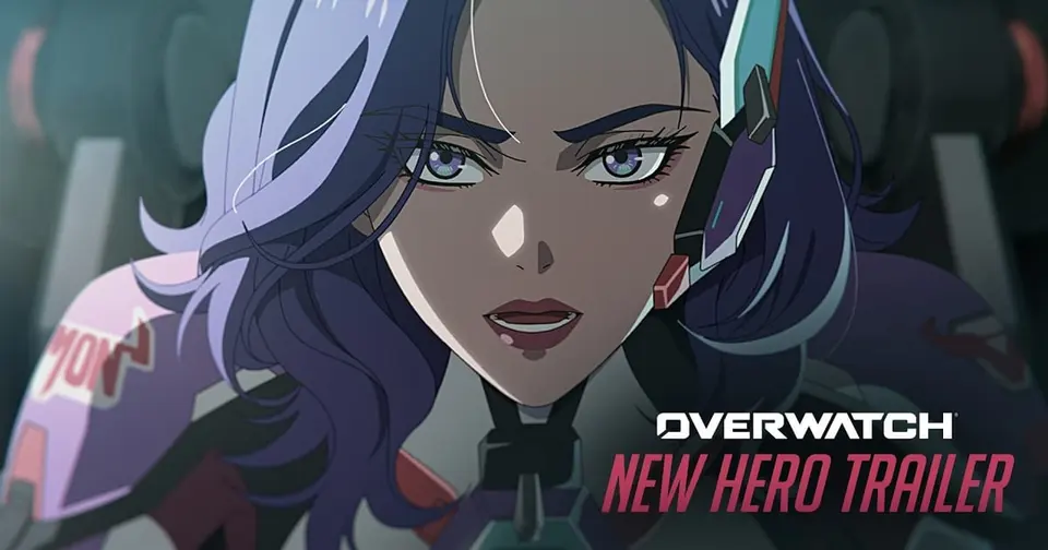 Official Overwatch teaser art showing D.Mon inside her mech cockpit next to the words New Hero Trailer
