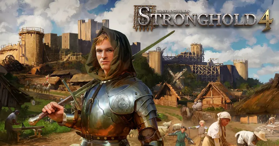 Stronghold 4 key art showing a hooded knight in plate armor holding a sword in front of a castle under construction, with villagers harvesting wheat and a windmill in the background