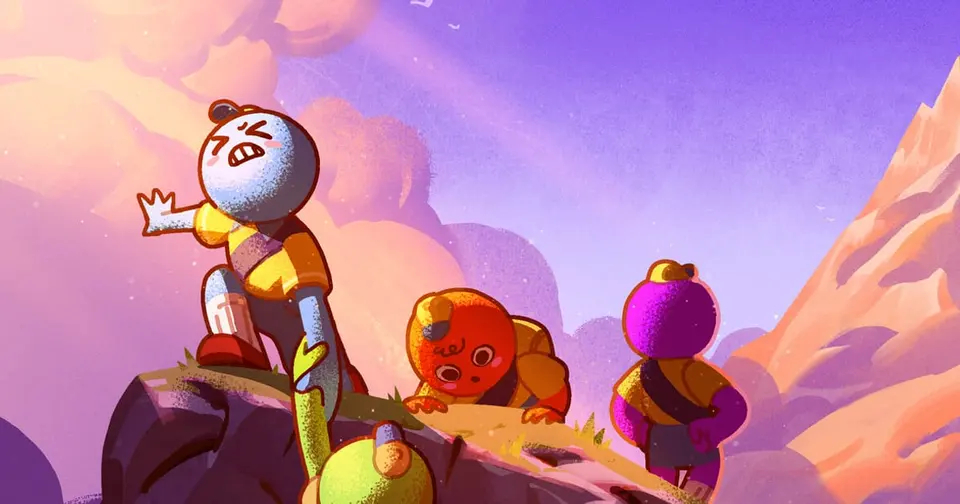 PEAK key art showing cartoon scouts roped together on a mountain slope