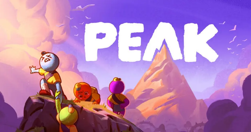 PEAK key art showing cartoon scouts scaling a steep mountain face above the clouds