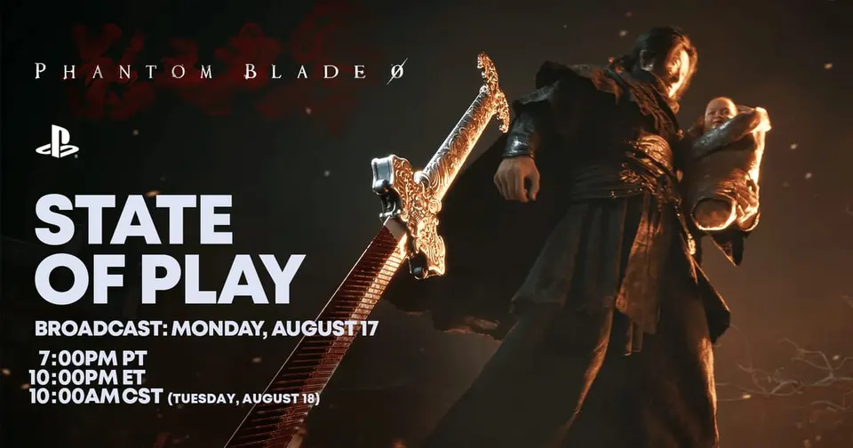 Official Phantom Blade Zero State of Play announcement art showing a swordsman carrying a greatsword and a swaddled baby