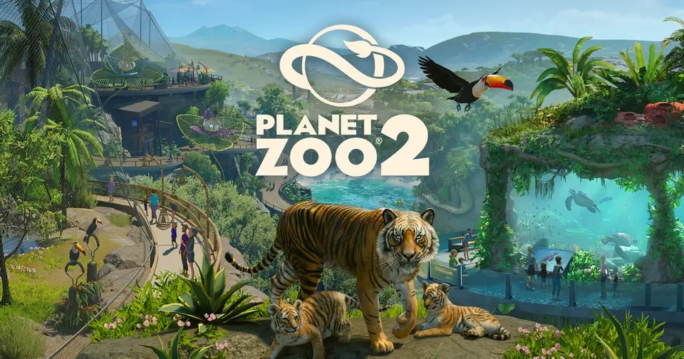 Planet Zoo 2 key art showing a colorful zoo habitat with animals, with the game logo