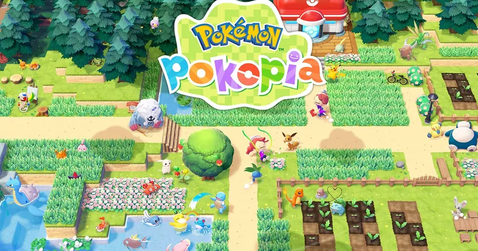Pokémon Pokopia key art showing a colorful village with Pikachu, Snorlax, Squirtle, Charmander and other Pokémon among gardens, ponds and grassy paths