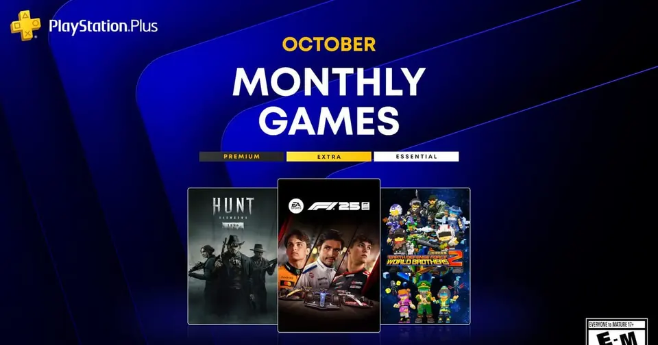 PlayStation Plus October monthly games artwork showing the Hunt: Showdown 1896, F1 25 and Earth Defense Force: World Brothers 2 box art on a blue background