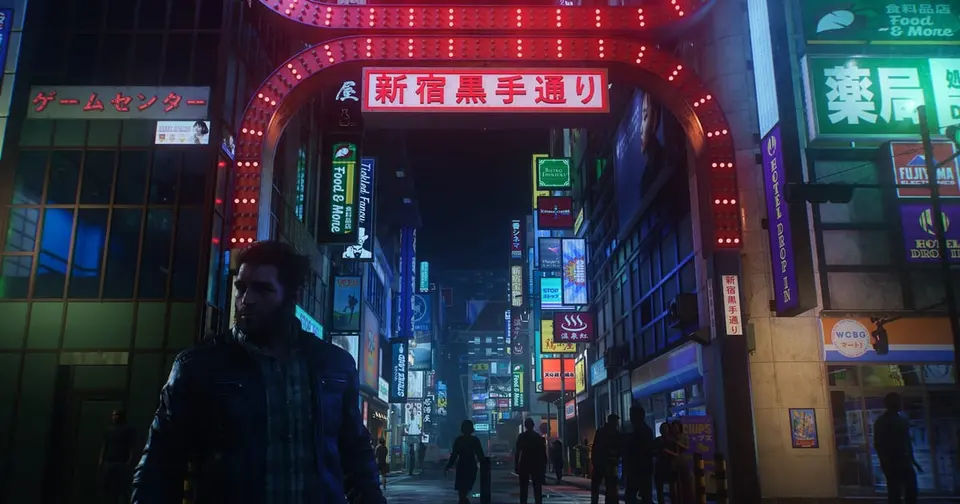 Logan walking through a neon lit Shinjuku street at night in Marvel's Wolverine, with red and blue signs over the alley
