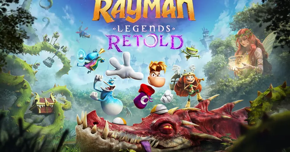 Rayman, Globox, Barbara and the Teensies leaping over a red dragon in the Rayman Legends Retold key art