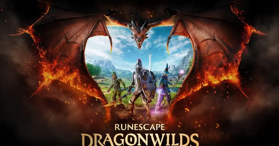 RuneScape: Dragonwilds key art with three adventurers framed by the burning wings of a dragon