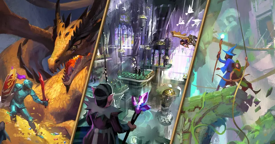 Official RuneScape 2027 roadmap art showing a knight facing a gilded dragon, a gnome city and an adventurer swinging through a jungle