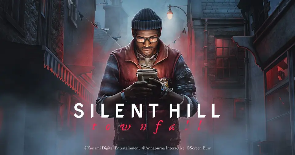 Official Silent Hill: Townfall key art showing Simon Ordell in a red jacket and beanie staring at a handheld CRTV in a foggy island street lit by red neon