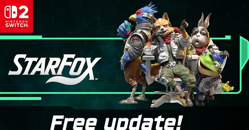 Star Fox free update banner showing Fox, Falco, Peppy and Slippy in their flight suits on a dark starfield with the Nintendo Switch 2 logo