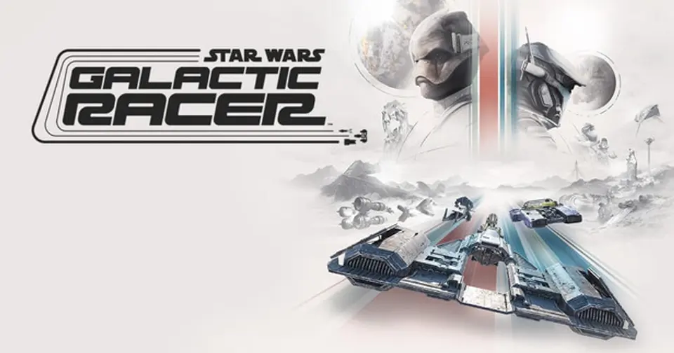 Official Star Wars: Galactic Racer key art with a podracer and speeders racing toward the horizon beneath the portraits of two rival pilots