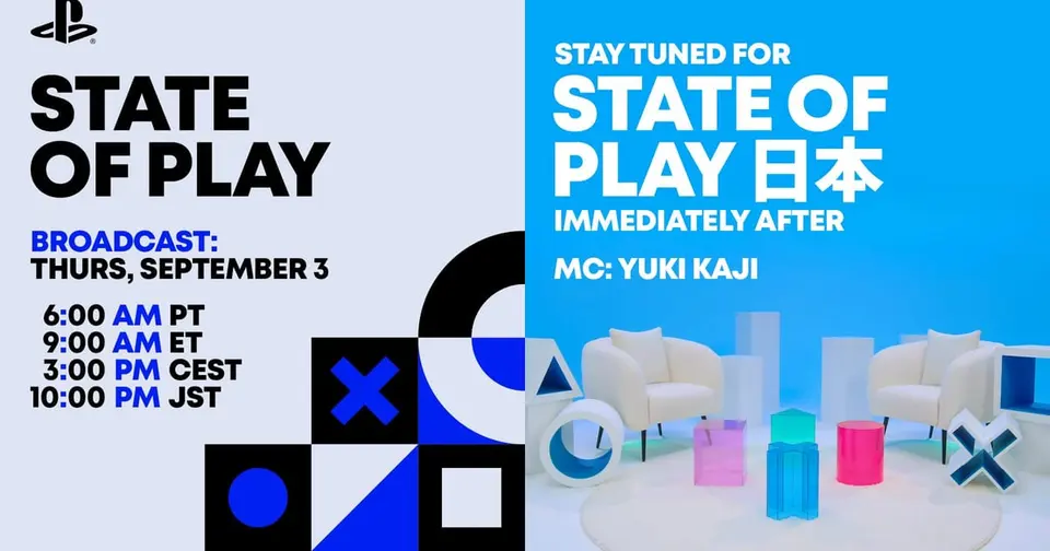 Official PlayStation key art announcing State of Play and State of Play Japan for Thursday September 3