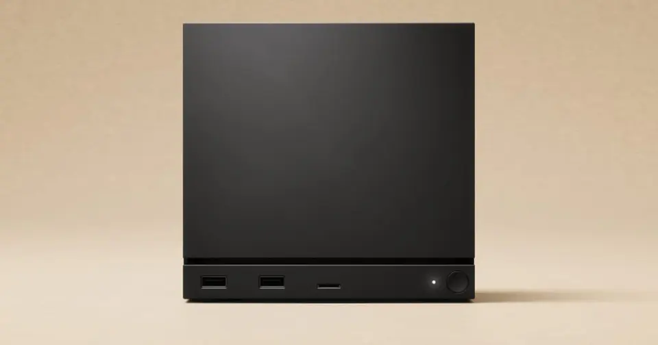Steam Machine console, a black cube shaped gaming PC, on a warm beige background