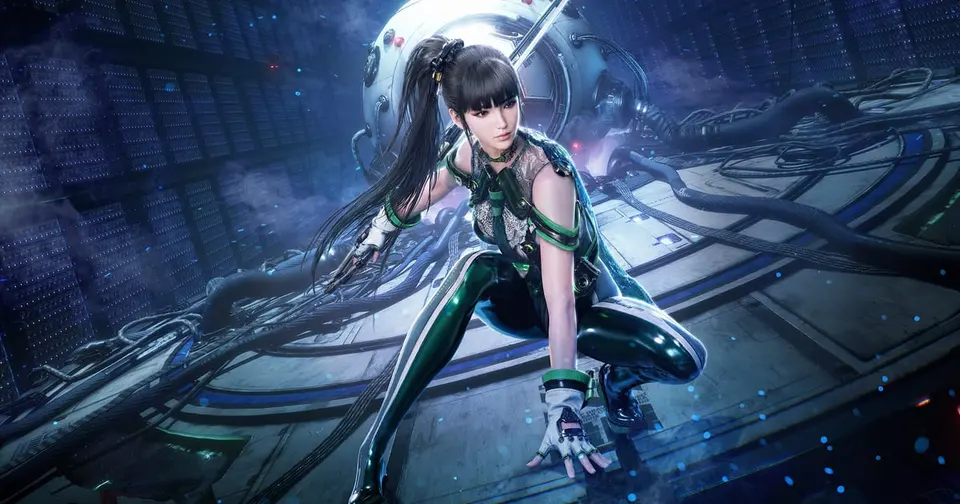 EVE with her sword drawn against a ruined Earth cityscape in the Stellar Blade Complete Edition key art for Nintendo Switch 2