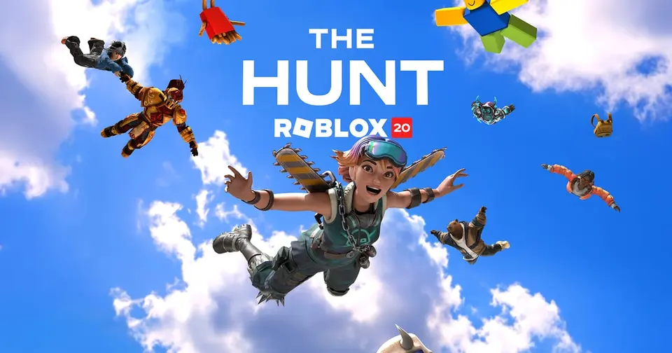 The Hunt: Roblox 20 key art with Roblox avatars from different eras skydiving through a bright blue sky