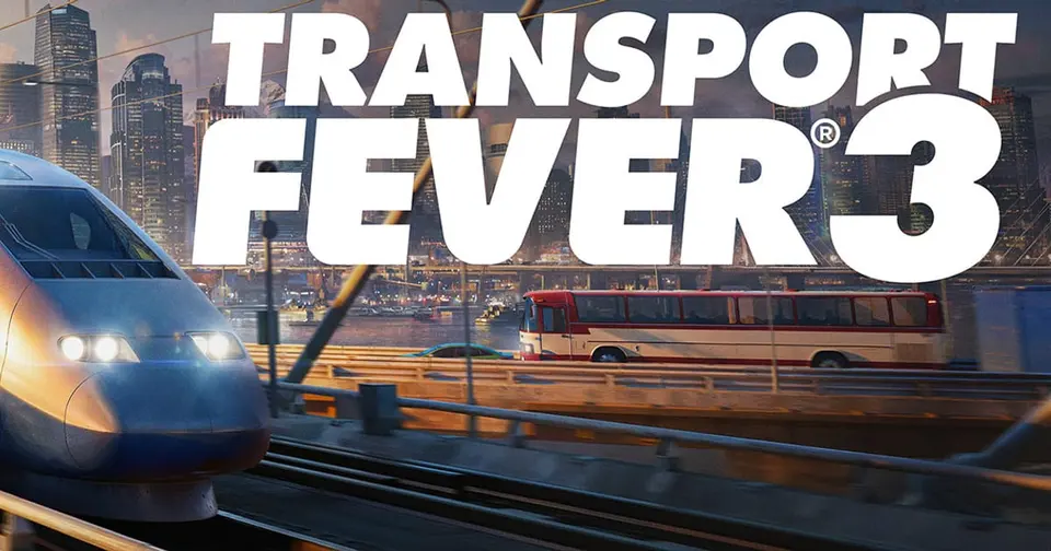 Transport Fever 3 key art showing a red semi truck and a high speed train racing side by side across a bridge, with a city skyline, a helicopter and a vintage bus behind them