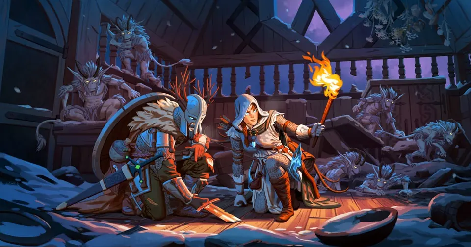 Valheim Deep North key art showing two vikings crouched in a snowy longhouse, one holding a torch, surrounded by pale furred creatures in the shadows