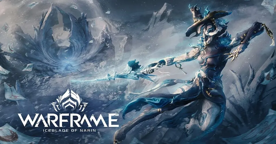 Warframe Iceblade of Narin key art showing Narin lunging with an ice rapier in a blizzard