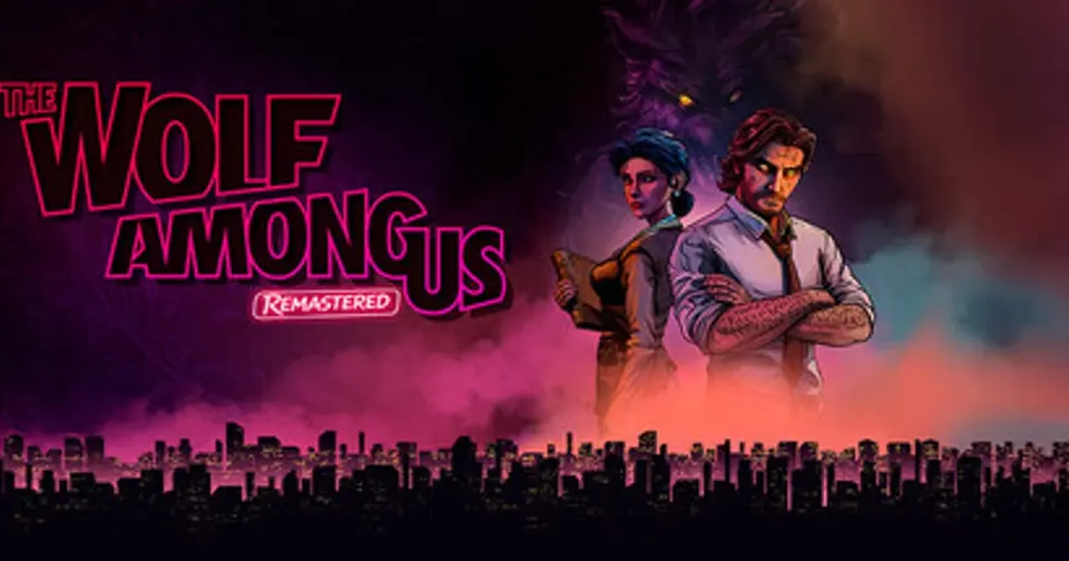 Official Steam key art for The Wolf Among Us Remastered, showing Bigby Wolf in a dark Fabletown street next to the game logo
