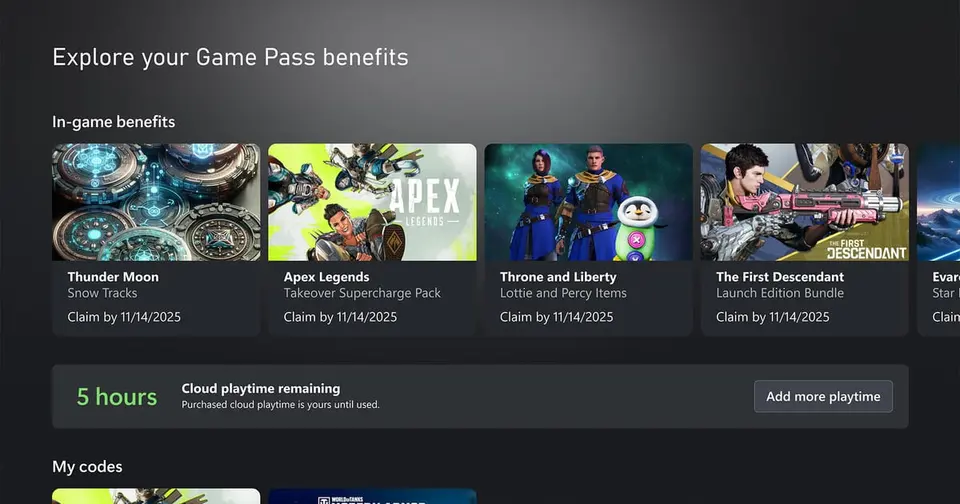 Xbox Game Pass benefits screen showing a cloud playtime remaining meter at 5 hours with an Add more playtime button
