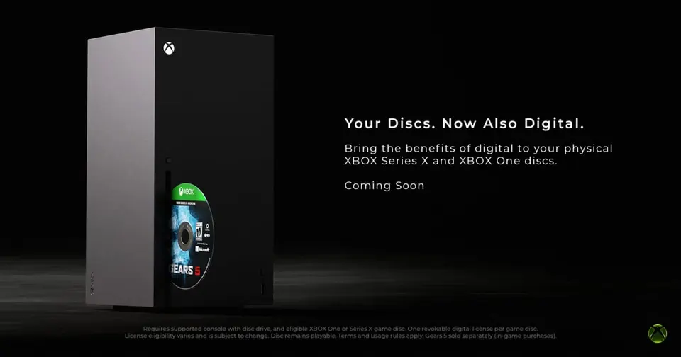 Xbox Series X console with a Gears 5 disc beside the tagline Your Discs. Now Also Digital.