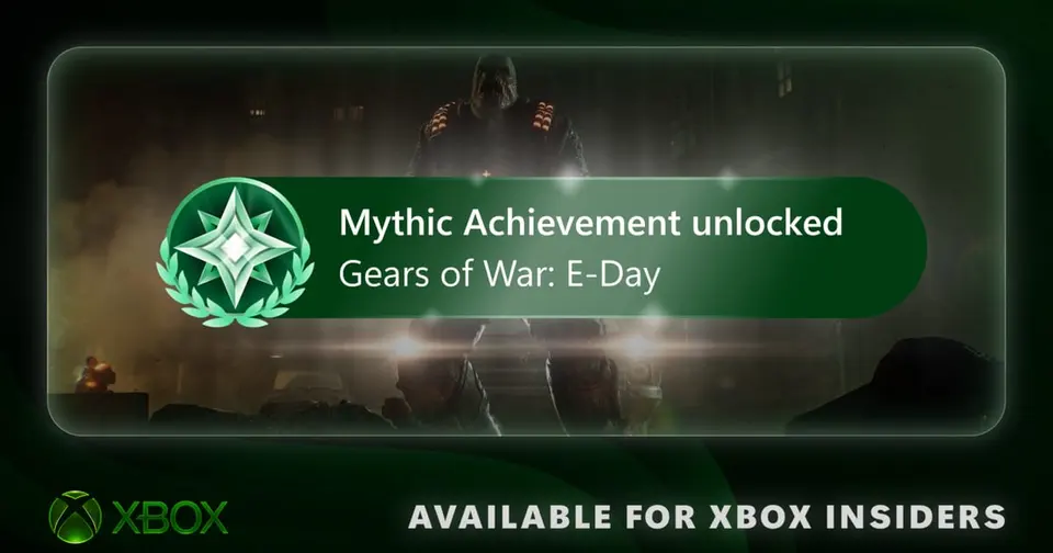 Xbox Wire banner showing a Mythic Achievement unlocked notification for Gears of War: E-Day with a green laurel badge over a Locust in a ruined street