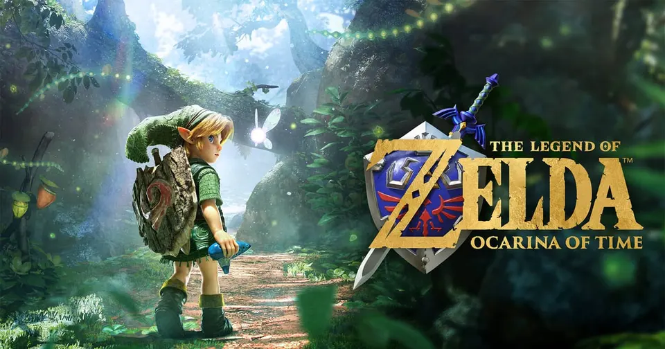 Official key art for The Legend of Zelda: Ocarina of Time on Nintendo Switch 2, showing young Link with the Deku Shield and Navi in the Kokiri Forest next to the game logo